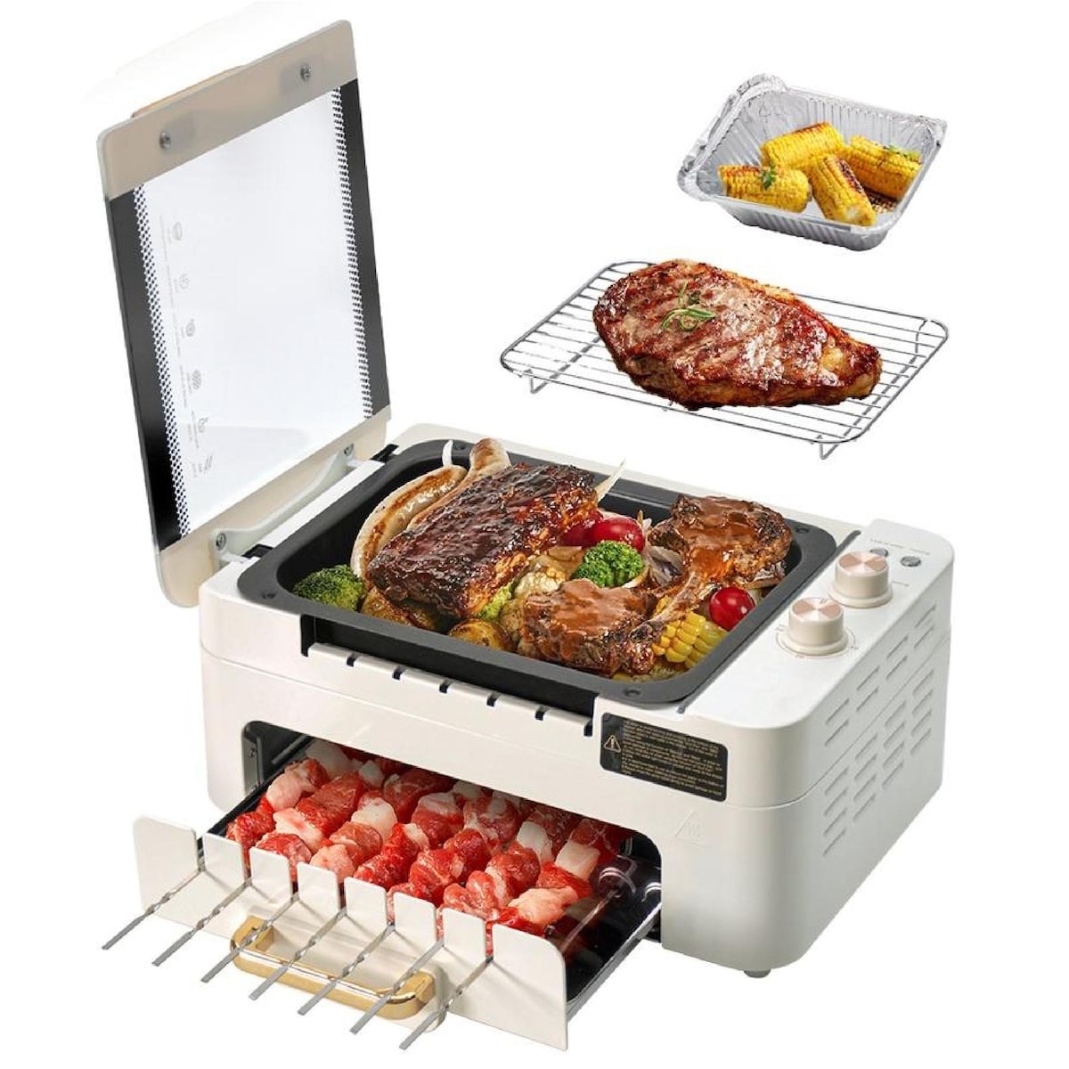 Double-layer electric smokeless grill, three-in-one multi-function automatic rotating skewer machine, detachable