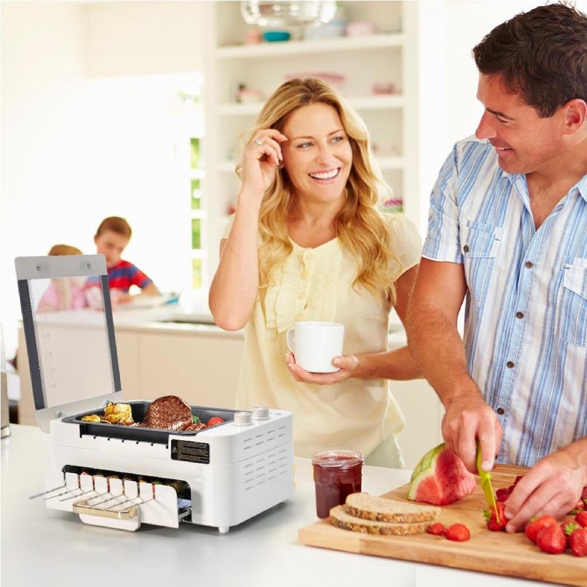 Double-layer electric smokeless grill, three-in-one multi-function automatic rotating skewer machine, detachable