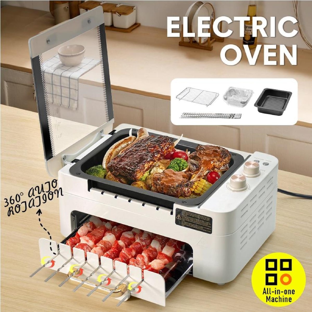 Double-layer electric smokeless grill, three-in-one multi-function automatic rotating skewer machine, detachable