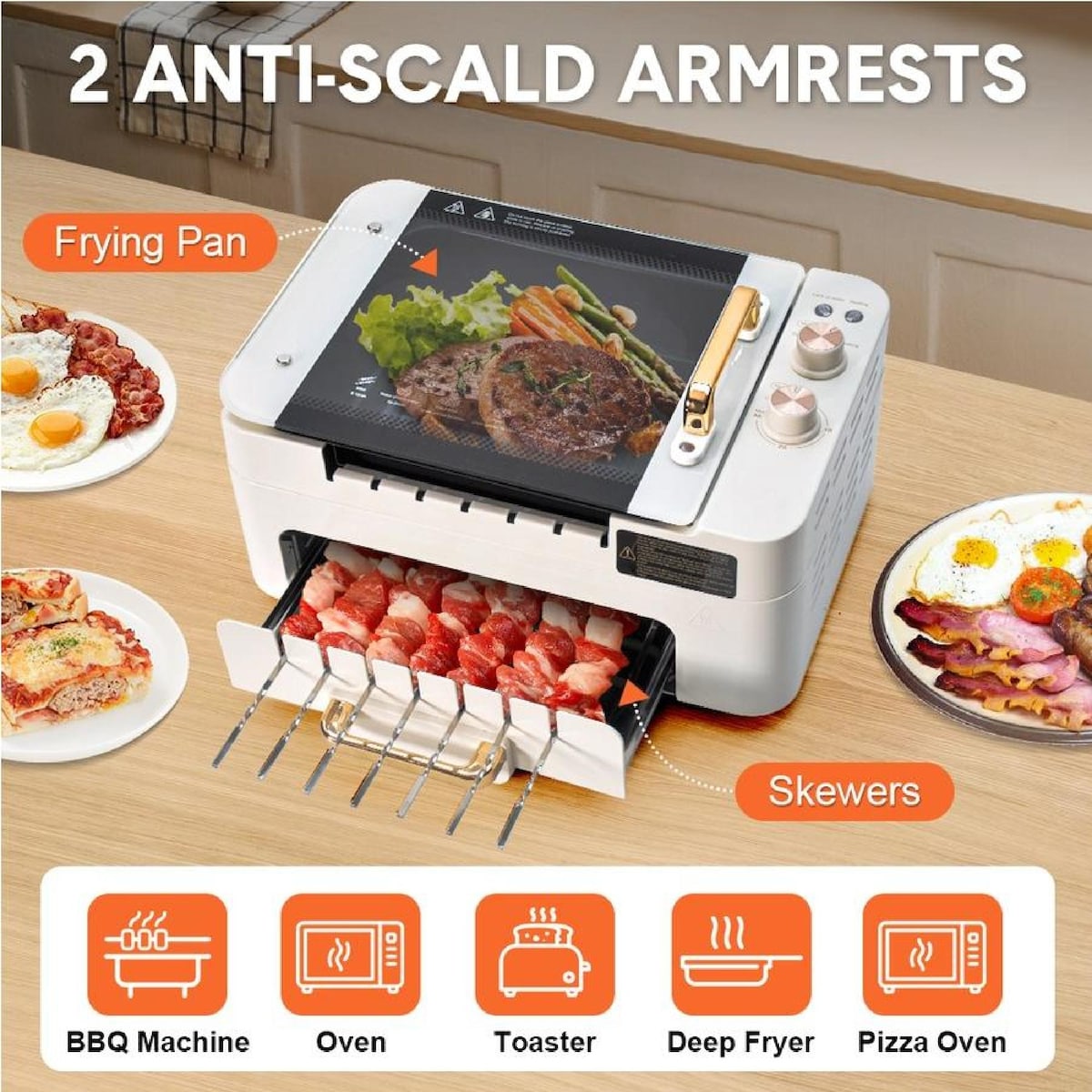 Double-layer electric smokeless grill, three-in-one multi-function automatic rotating skewer machine, detachable
