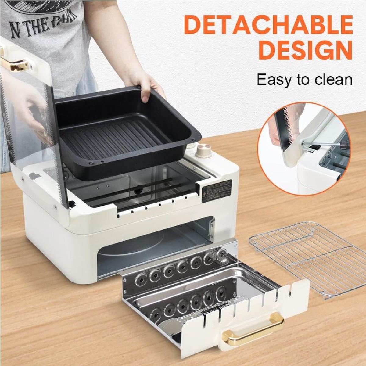 Double-layer electric smokeless grill, three-in-one multi-function automatic rotating skewer machine, detachable