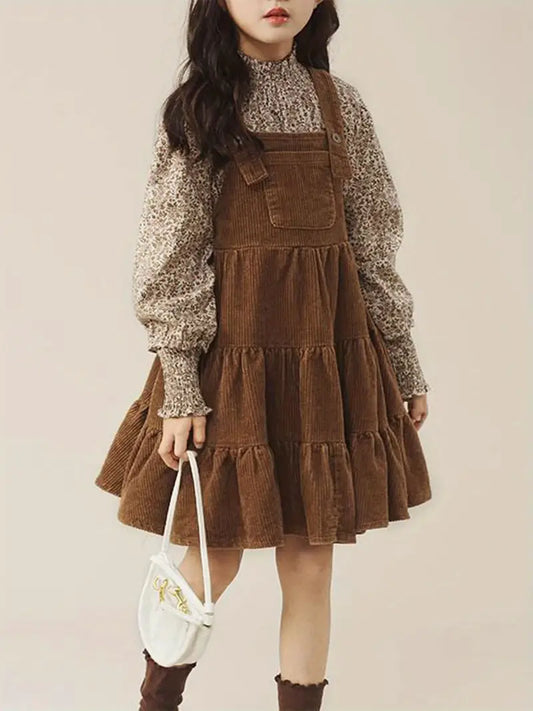 2025 New Girls' Retro Long-sleeve Floral Shirt & Overall Skirt