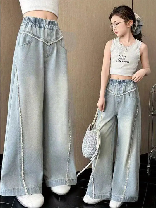 Girls' 2025 New Wide-Leg Loose Fit Denim Overalls - Light Wash Blue Distressed