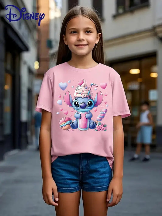 Stitch, Pink Desserts, Disney, Round Neck Girl Cartoon Tshirt,