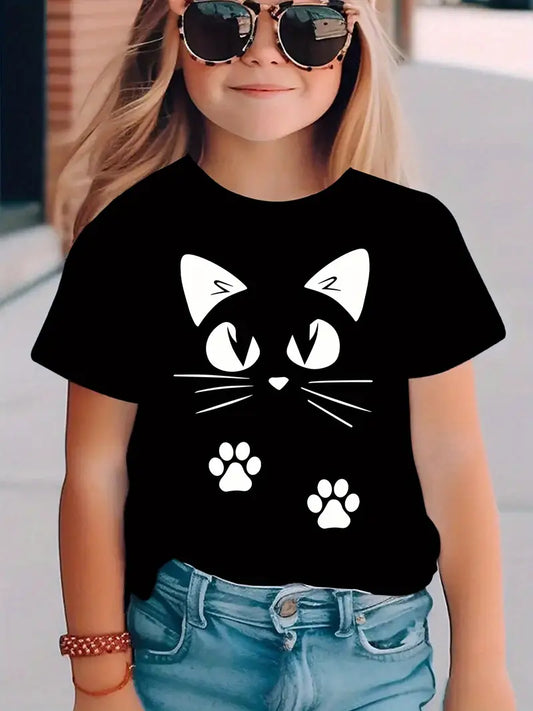 Girls' Black & White Cat Print T-Shirt - Cute Tabby Cat Face & Paw Print Design